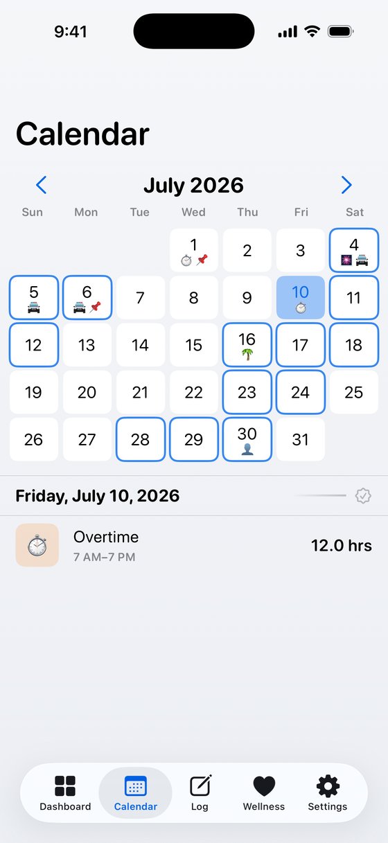 Sentinel calendar showing a month of shifts, overtime, and vacation